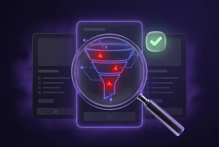 Lupe über einem Analyse-Dashboard, drei rote Leak-Punkte im Funnel hervorgehoben