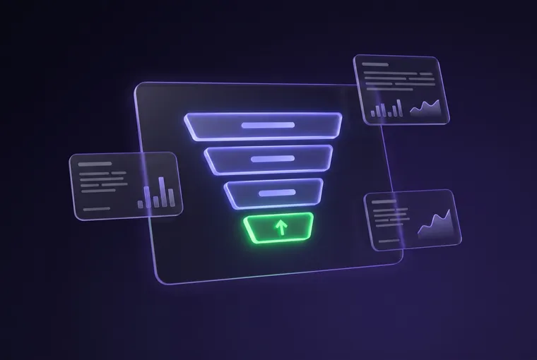 Conversion-Funnel als leuchtendes Dashboard, die letzte Stufe grün hervorgehoben